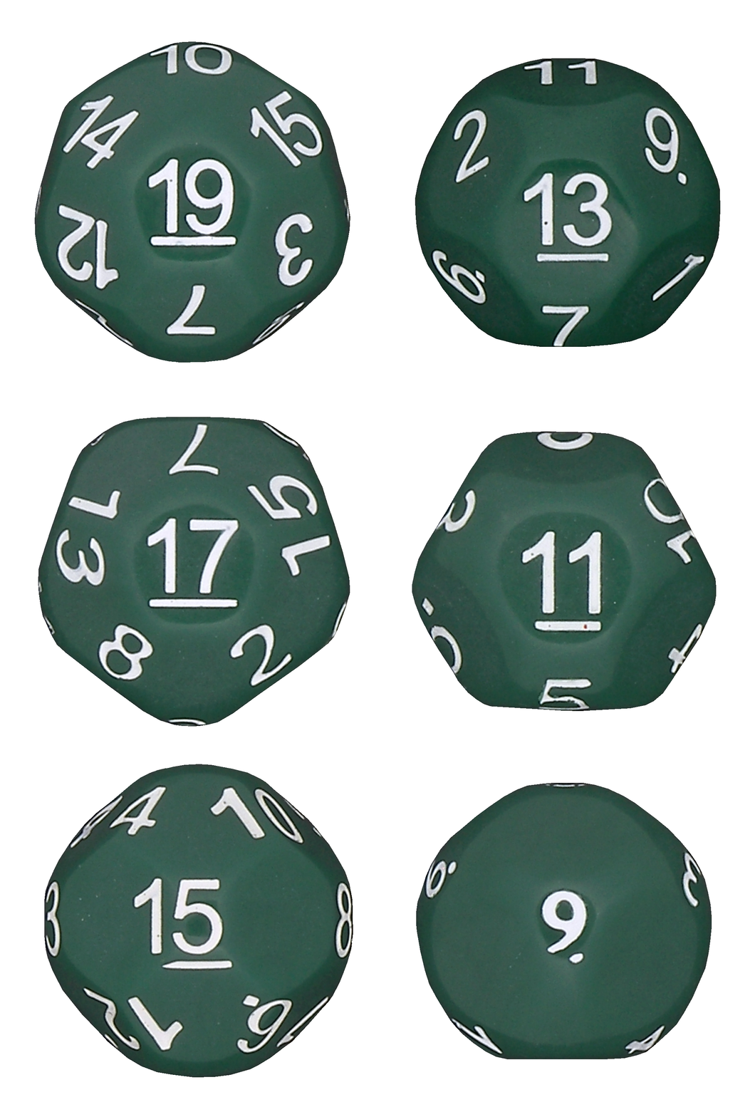 Green - Set of 6 Unusual Odd Sided dice - D9, D11, D13, D15, D17 & D19 - Cursed Dice