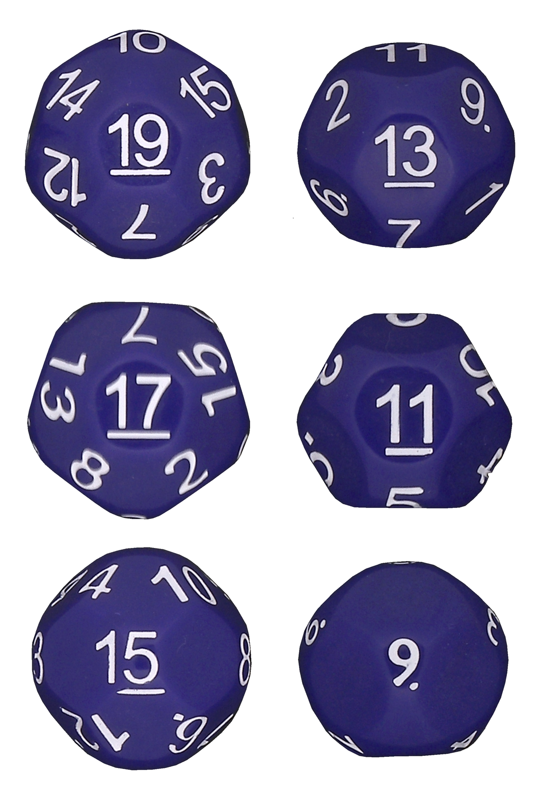 Purple - Set of 6 Unusual Odd Sided dice - D9, D11, D13, D15, D17 & D19 - Cursed Dice