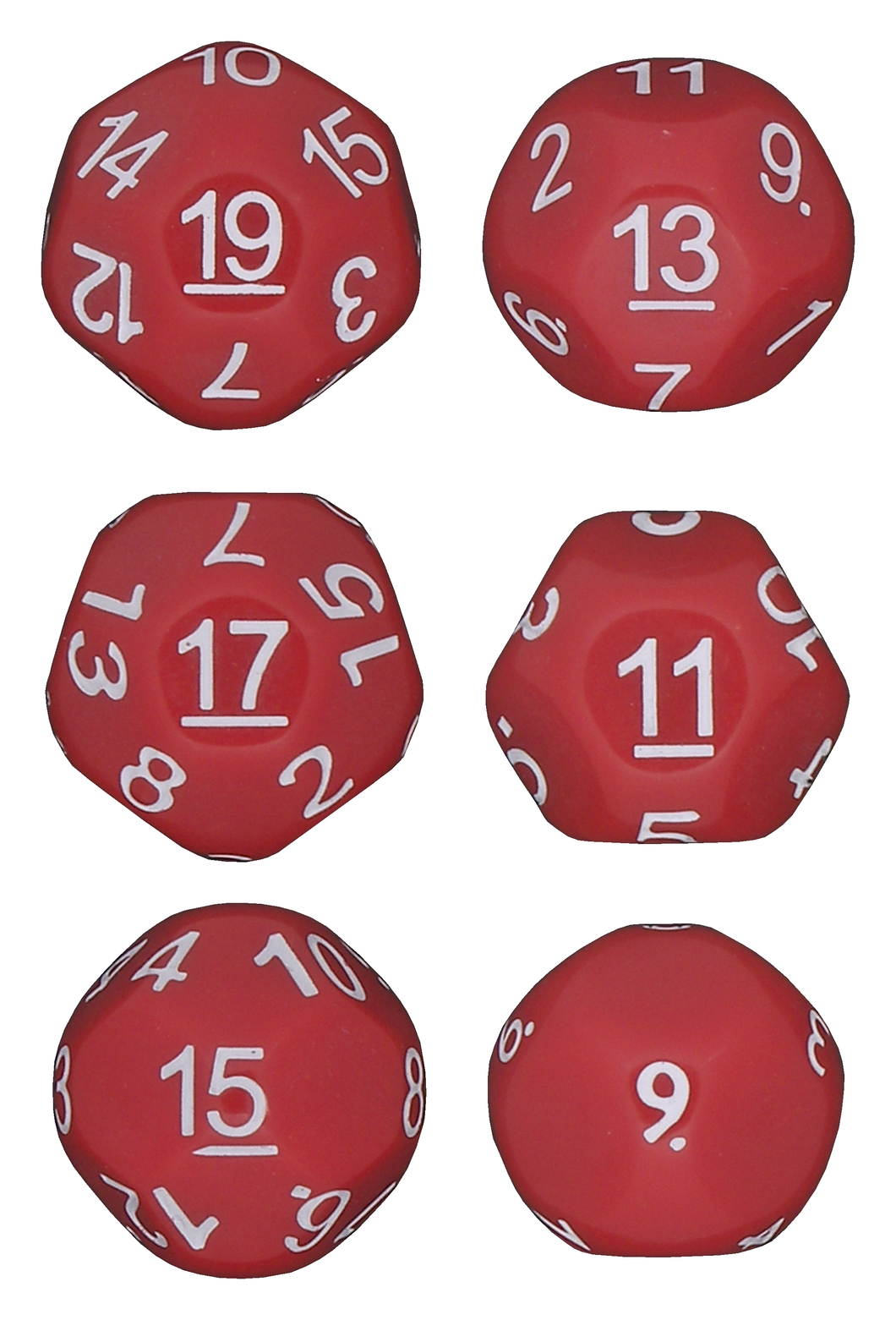 Red - Set of 6 Unusual Odd Sided dice - D9, D11, D13, D15, D17 & D19 - Cursed Dice