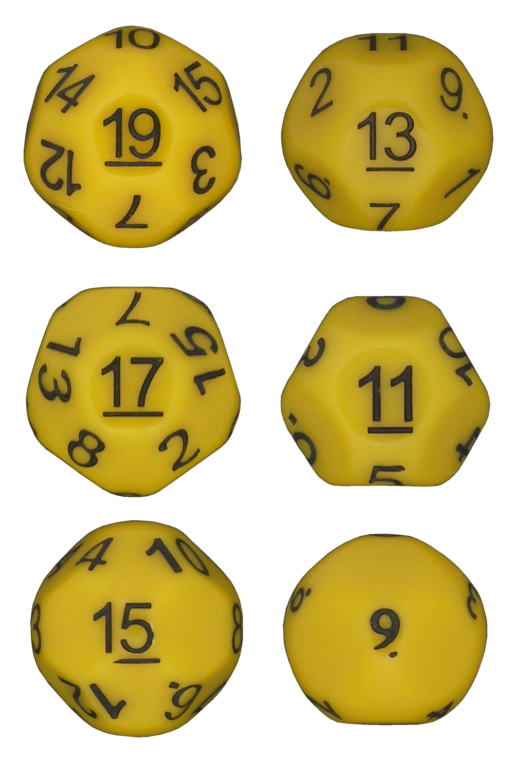 Yellow - Set of 6 Unusual Odd Sided dice - D9, D11, D13, D15, D17 & D19 - Cursed Dice