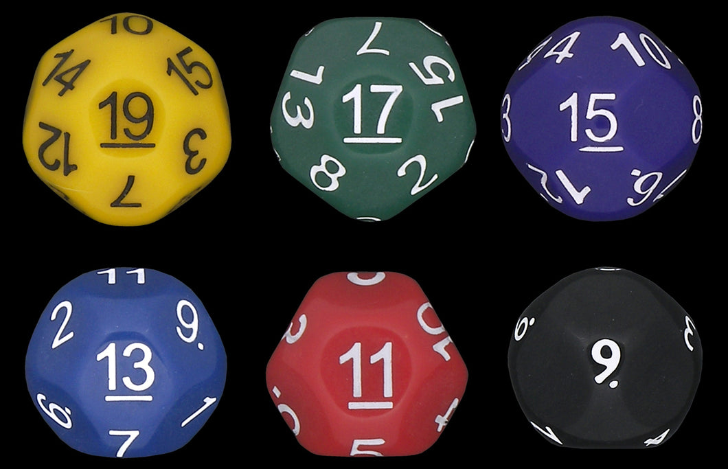 Multi-Color - Set of 6 Unusual Odd Sided dice - D9, D11, D13, D15, D17 & D19 - Cursed Dice
