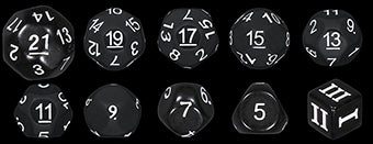 Mother of All Curses - Black - Set of 10 Unusual Odd Sided dice - D3, D5, D7, D9, D11, D13, D15, D17 & D19, D21 - Cursed Dice