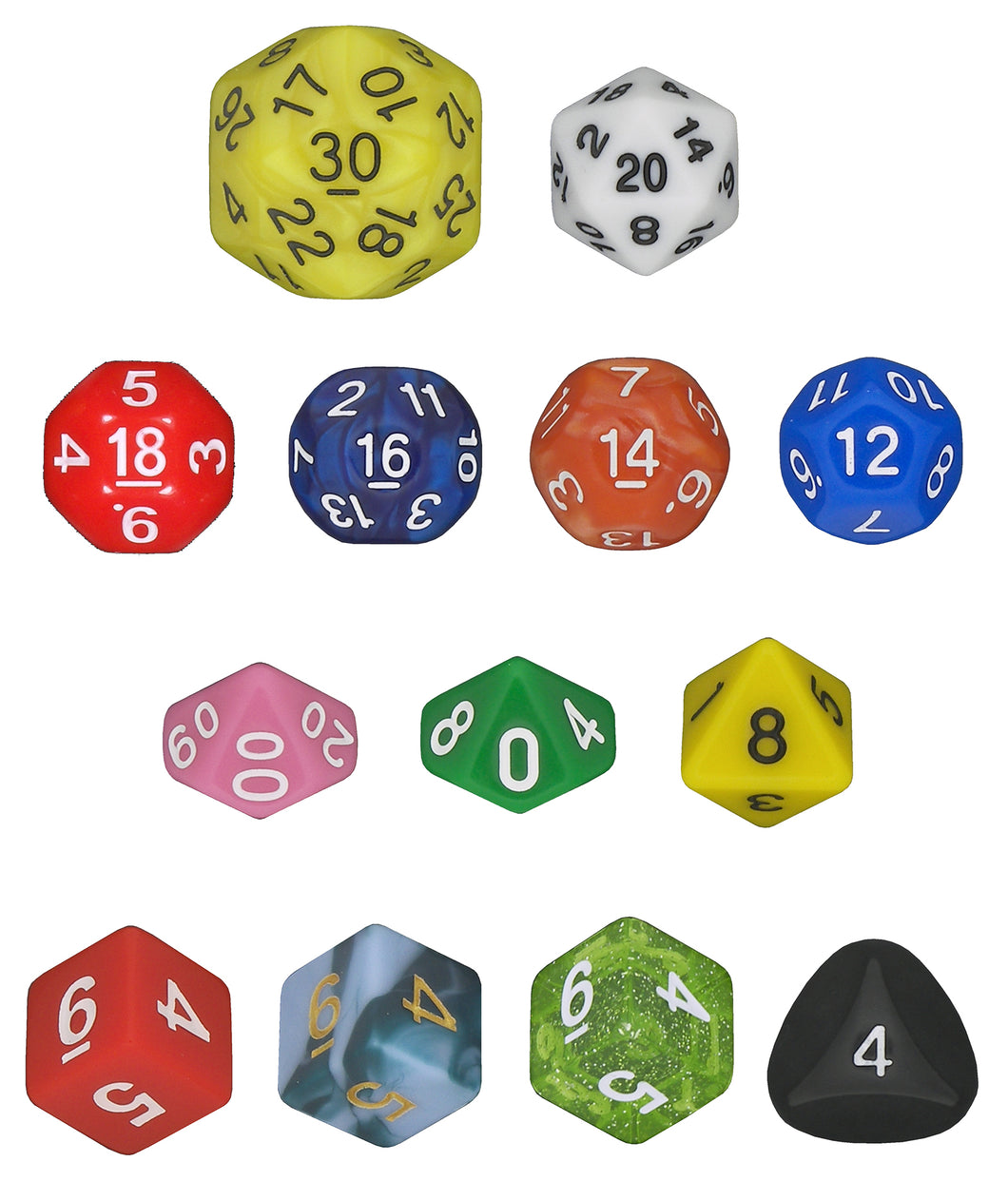 Holy Hand Grenade Dice Set - Expanded RPG D4 to D30 - Multi-Color / Rainbow