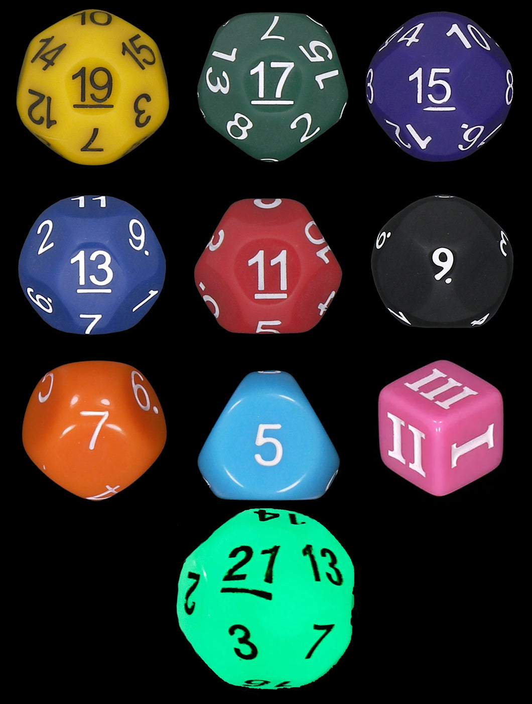 Mother of All Curses - Multi-Color - Set of 10 Unusual Odd Sided dice - D3, D5, D7, D9, D11, D13, D15, D17 & D19, D21 - Cursed Dice