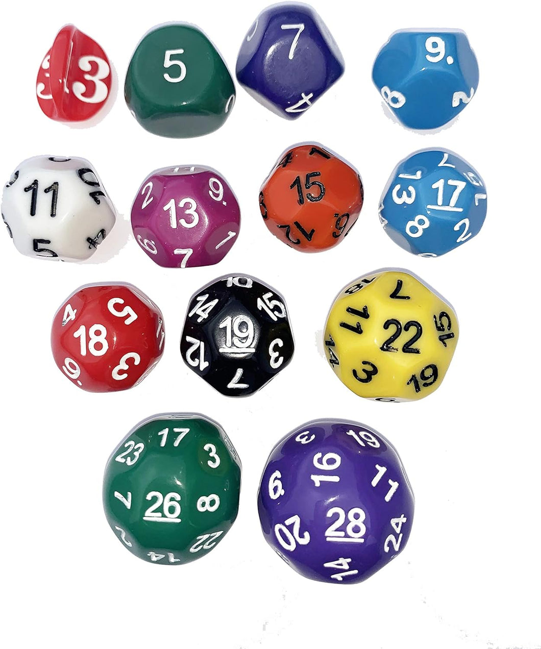 Multi-Color - Weird RPG Poly Dice Set - D3, D5, D7, D9, D11, D13, D15, D17, D18, D19, D22, D26 & D28